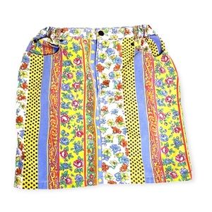 80’s Mixed Media Floral Striped Denim Jean Mini Skirt Size Large